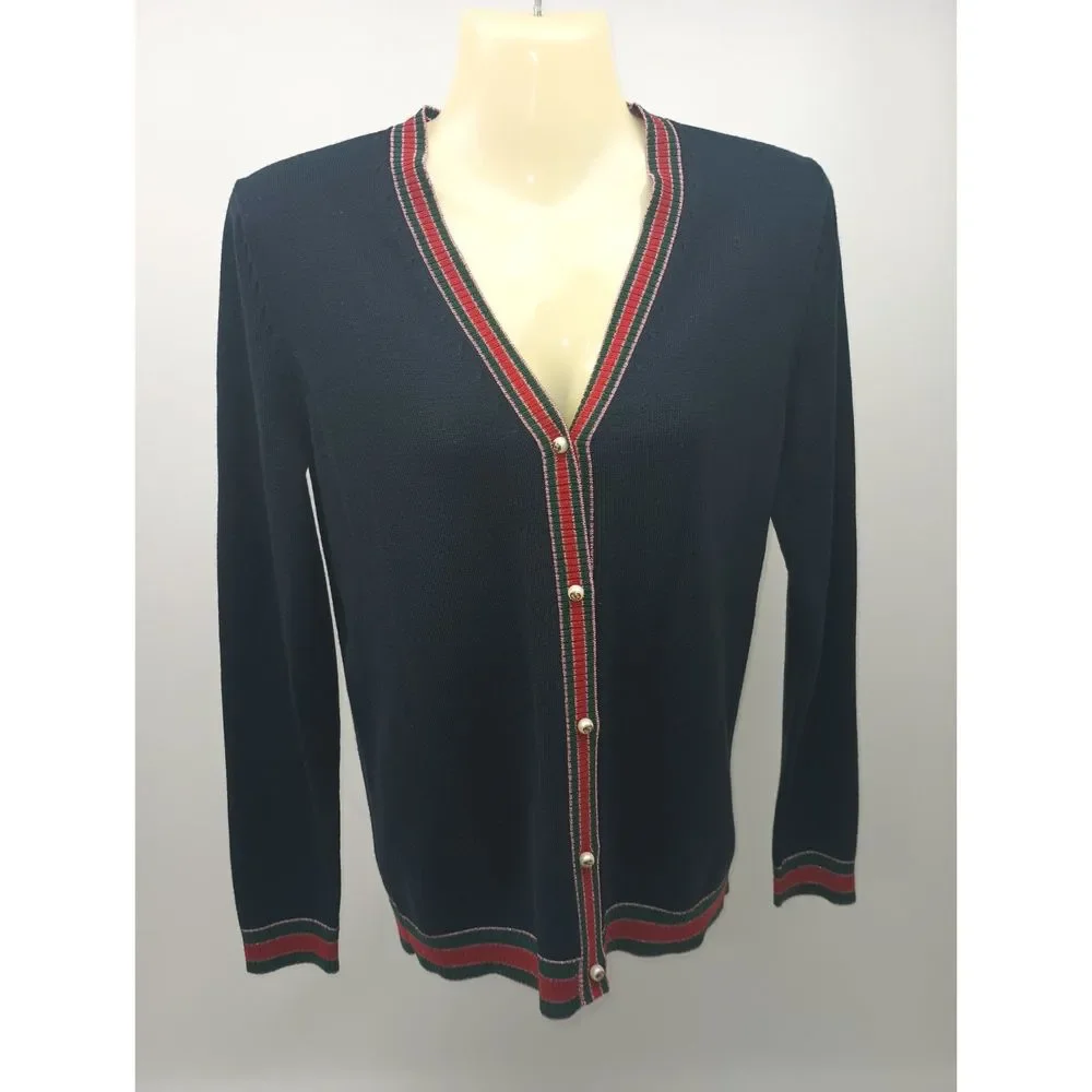 Gucci Women's Navy Blue Striped Merino Wool Knit Cardigan Size Small - Picture 2 of 6